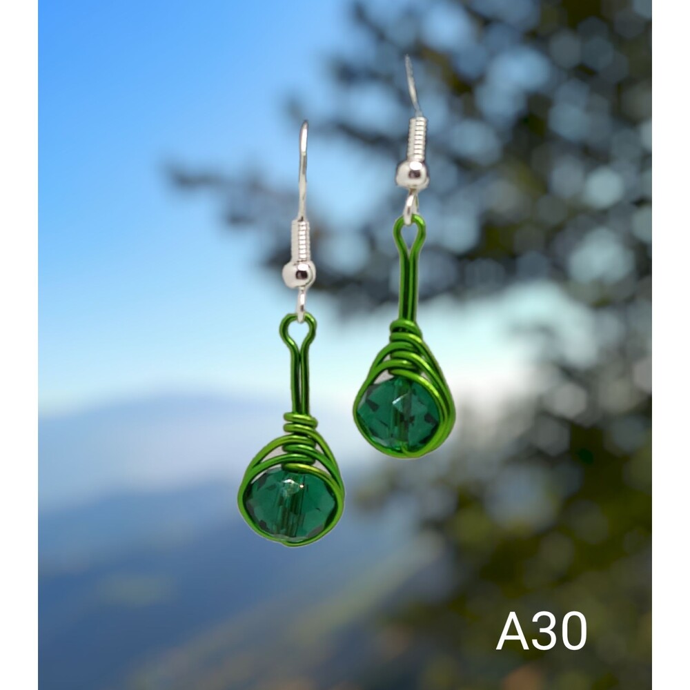 Green Wire Wrapped Crystal Earrings